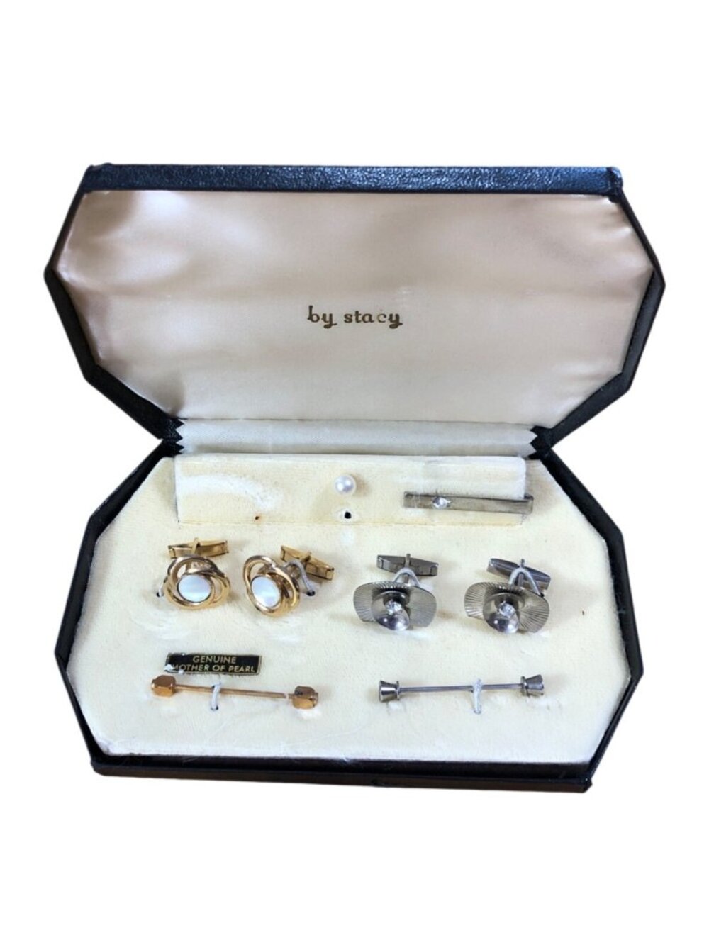 Vintage Stacy Cufflinks Tie Clips Set Mother Of Pearl Rhinestone Details Mens